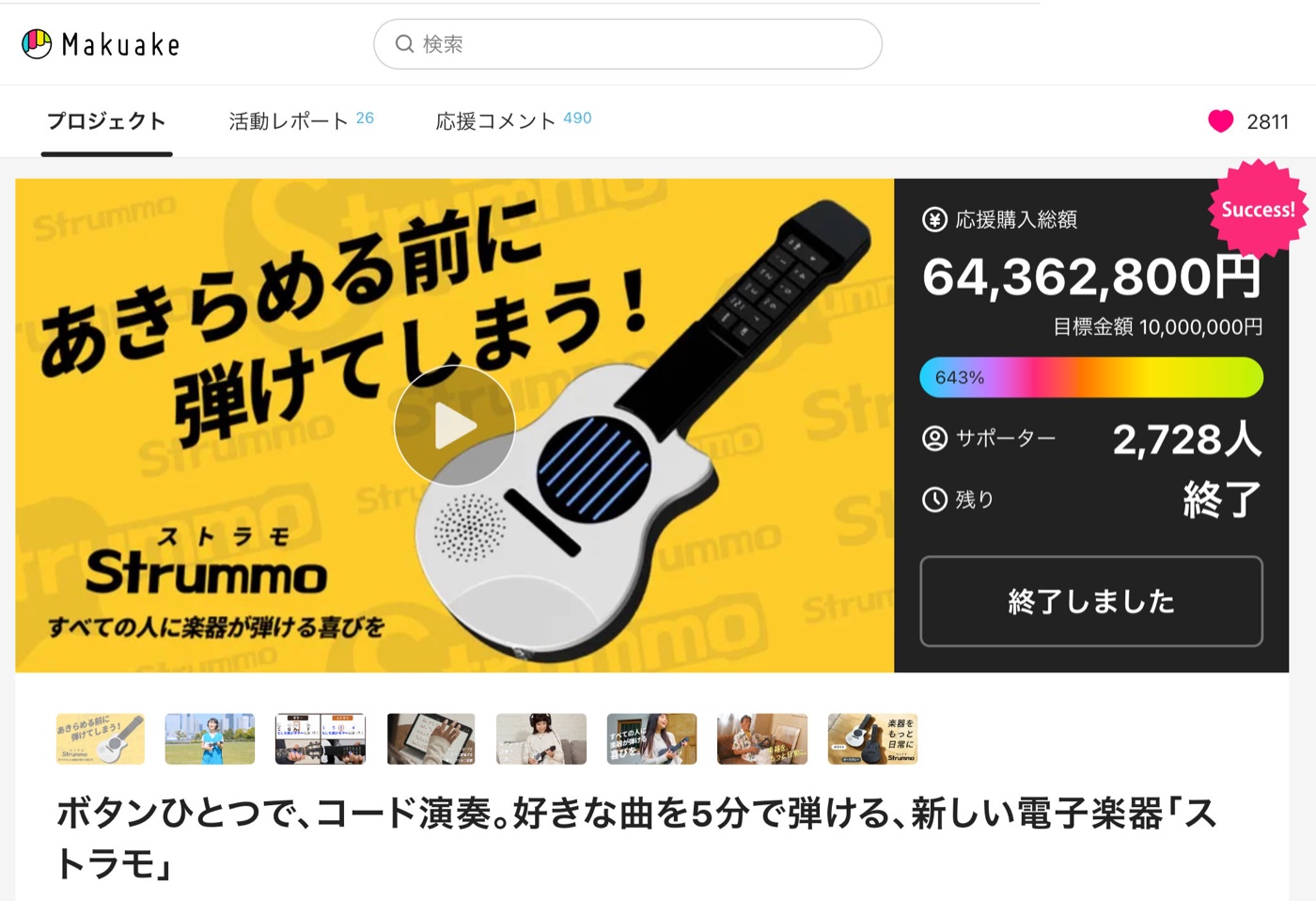 Makuakeで実施したStrummo（ストラモ）の第1次先行予約。応援購入総額64,362,800円、目標達成率643%、サポーター2,728人を記録しました。